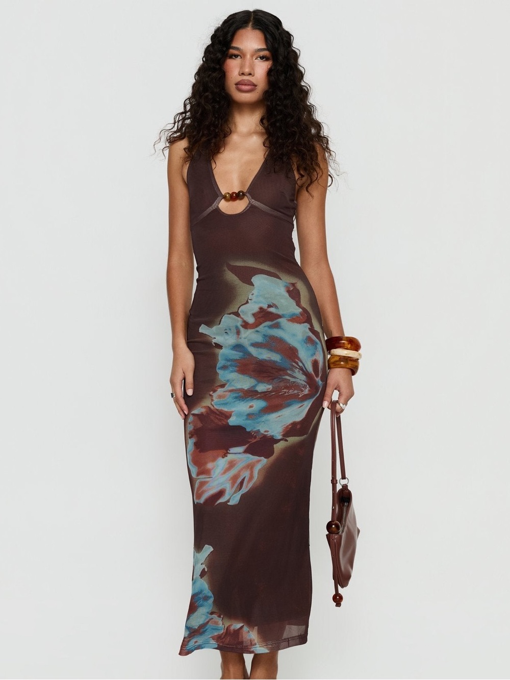 Princess Polly Brown Maxi Dress with Blue Floral Print